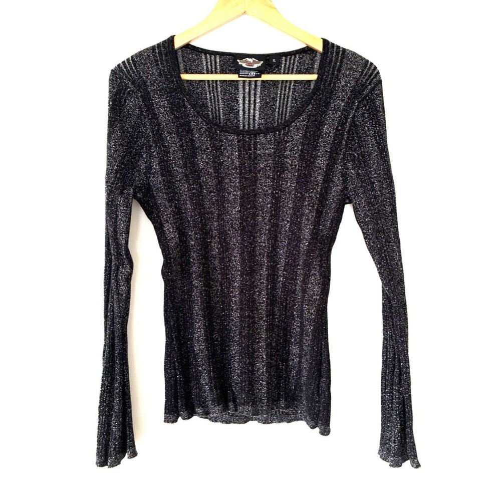 Vintage Harley Davidson Sweater Women XL Festive Party Shimmer Ribbed Black Logo